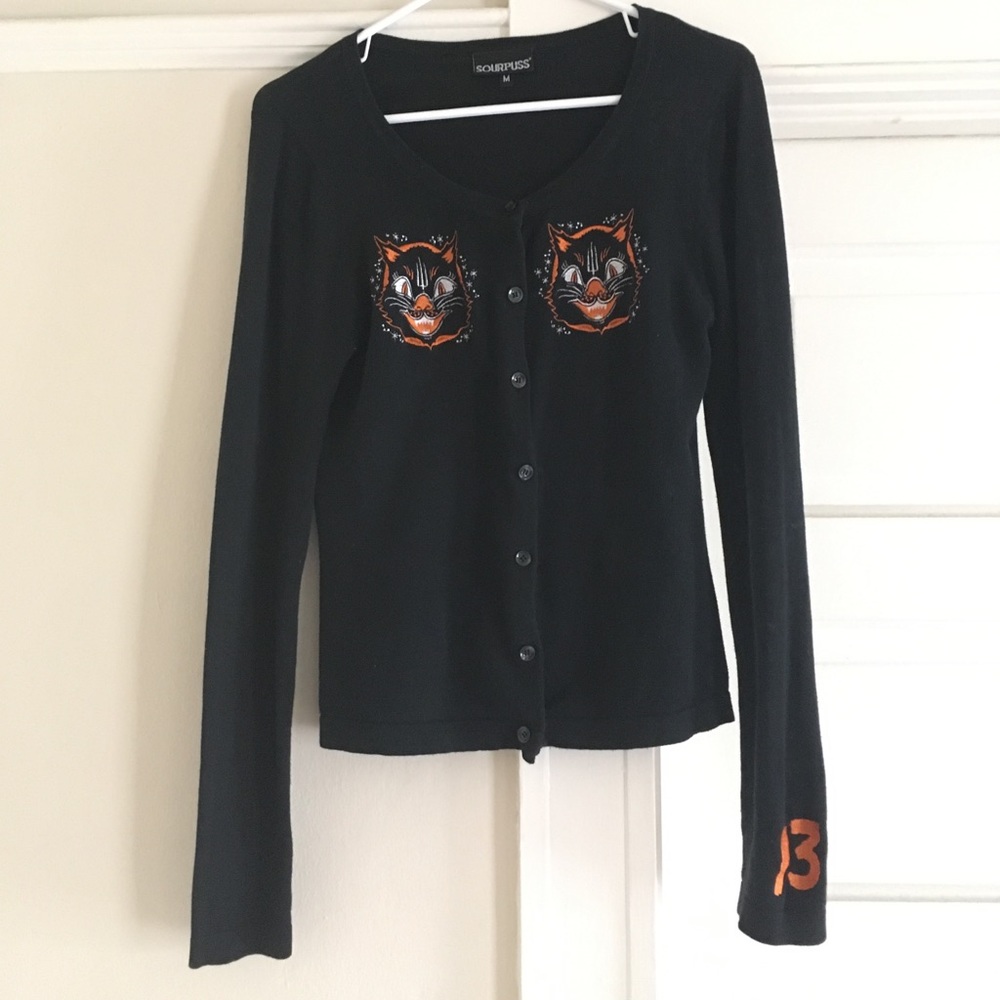 Sourpuss Lucy Fur Cardigan Sweater Blk Embroidered